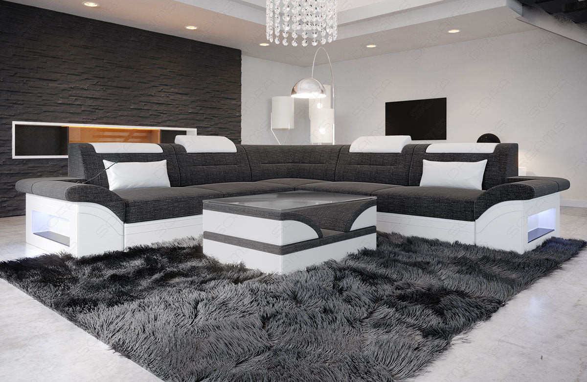 Strukturstoff Sofa Brianza L Form in schwarz-grau-weiß - Hugo12
