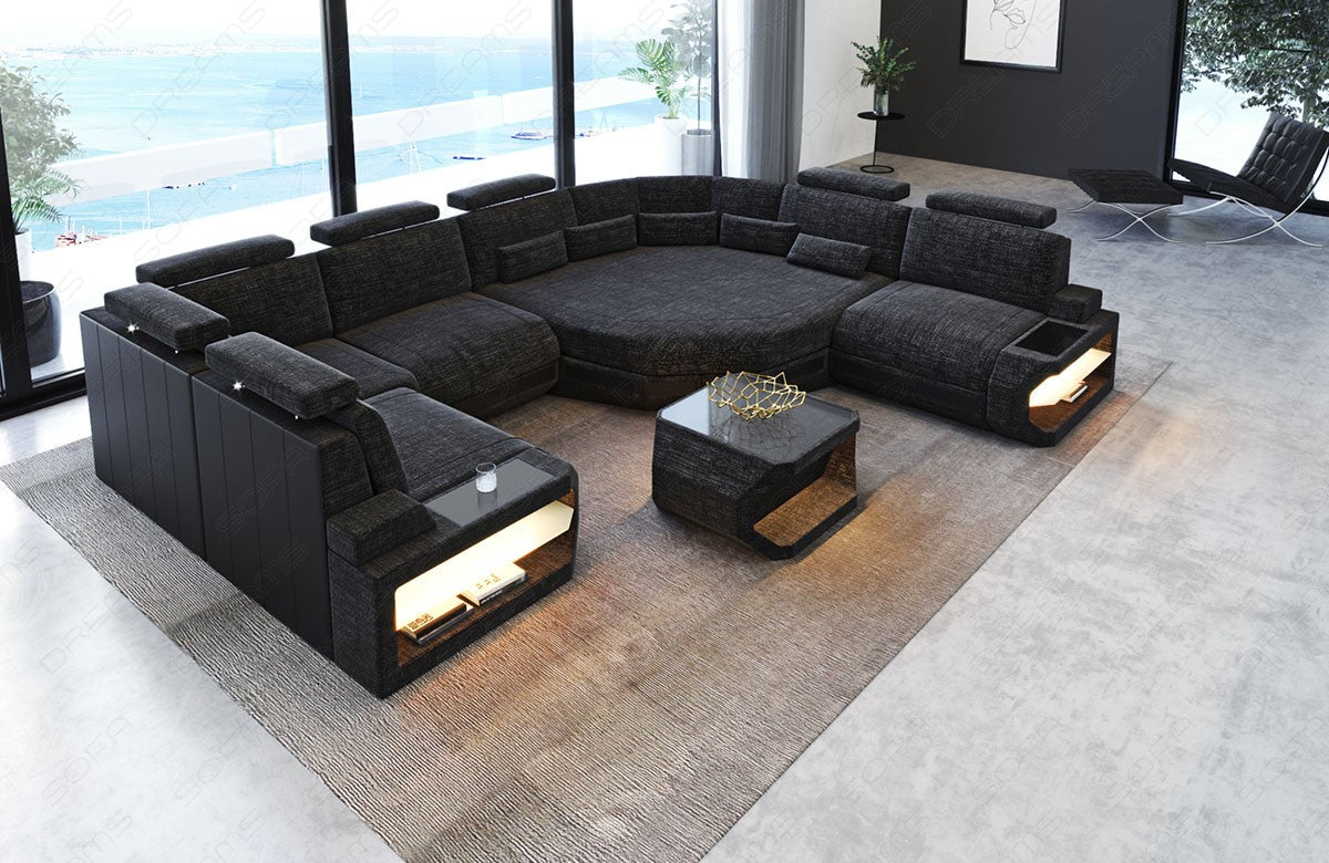 Moderne Polster Wohnlandschaft Asti U Mini in schwarz-grau - Hugo12 Strukturstoff