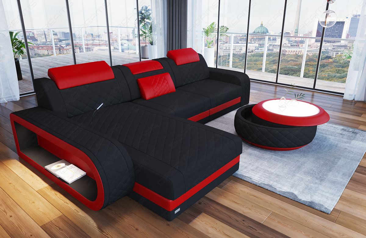 Modernes Mikrofaser Polstersofa Berlin L Form mit LED-Beleuchtung in rot - Mineva14