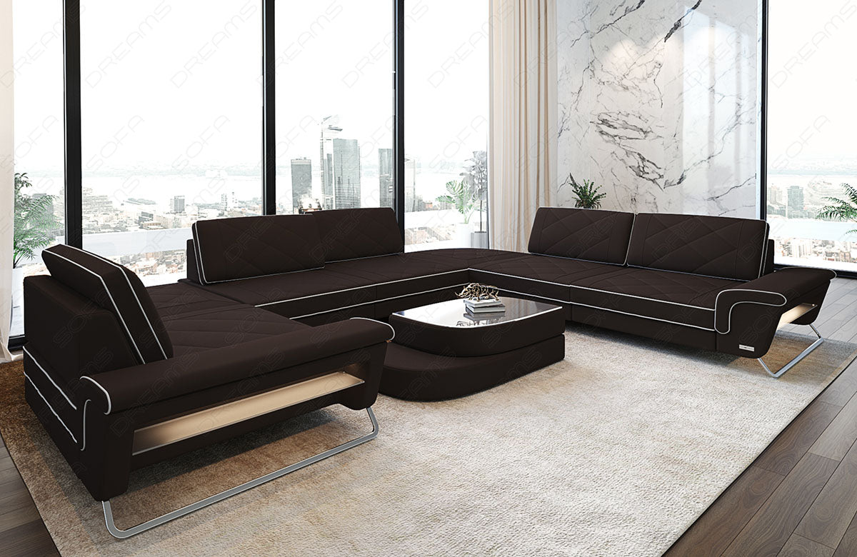 Sofa Wohnlandschaft Rotello U Form Stoff in mokka - Mineva18 Mikrofaser Stoff
