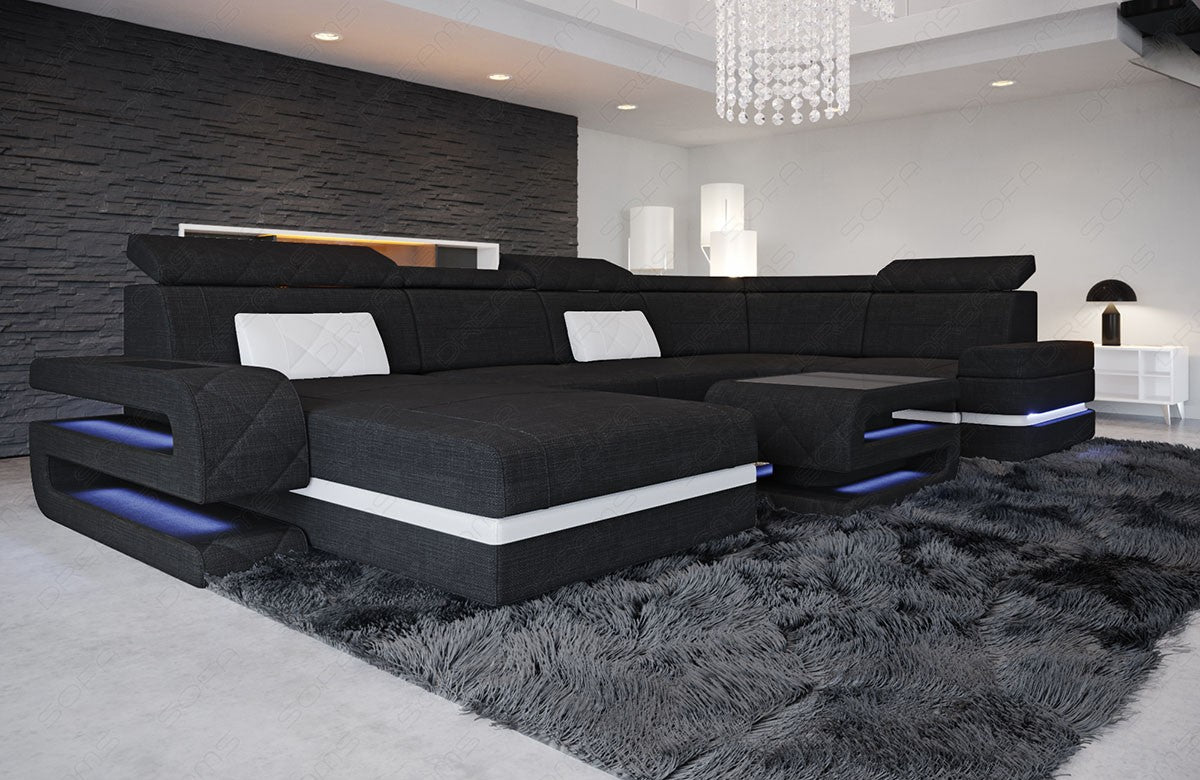 Mini Stoffsofa Bologna U Form in schwarz - Hugo14 Strukturstoff