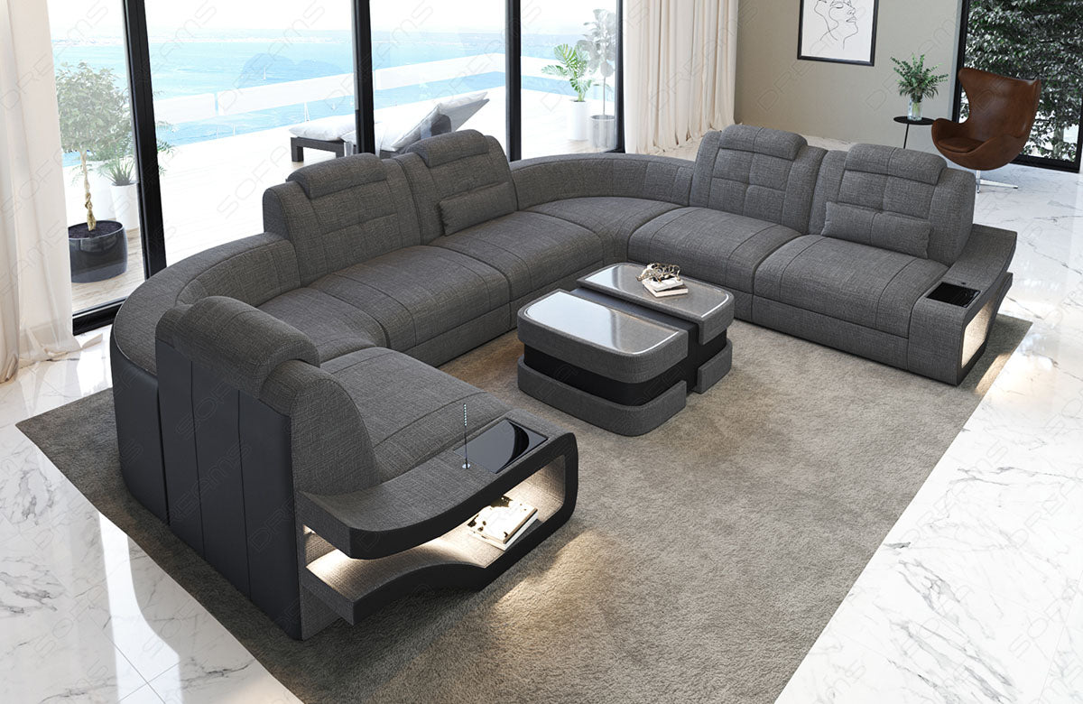 Design Wohnlandschaft Elena U Form in grau - Hugo5 - Nebenfarbe schwarz - Bitte beachten: Die Rückwand ist in den Farben der Hauptfarbe!