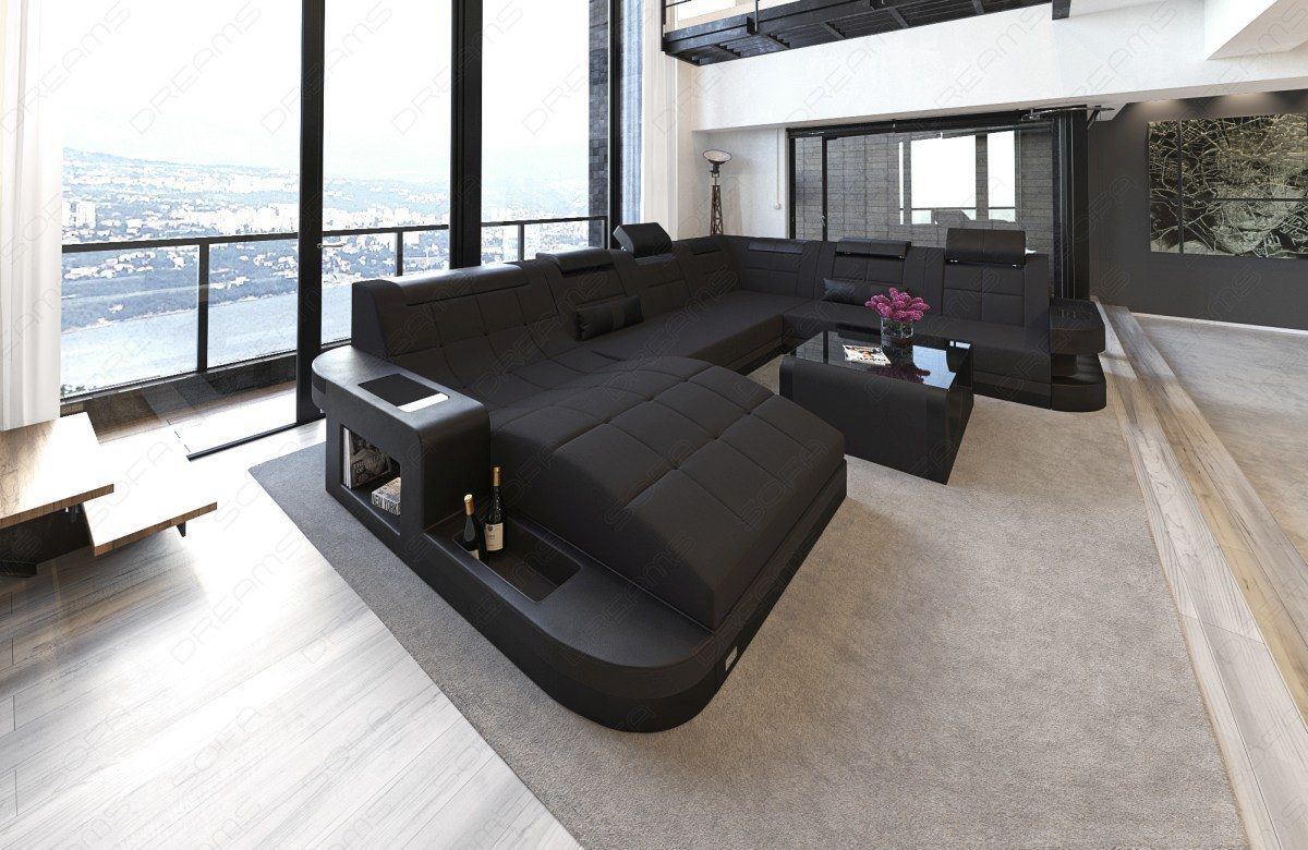Stoff Design Wohnlandschaft Wave XXL in schwarz - Mineva14 Mikrofaser Stoff