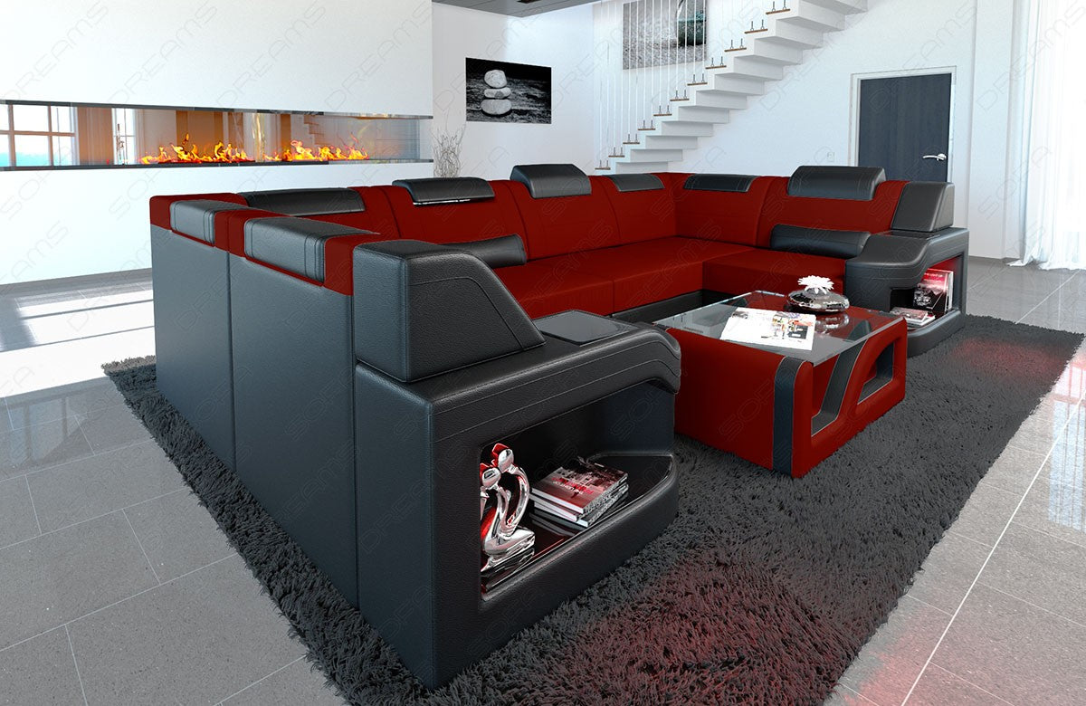 Stoff Sofa Padua U Form mit LED in Mikrofaserstoff Mineva10 - dunkelrot