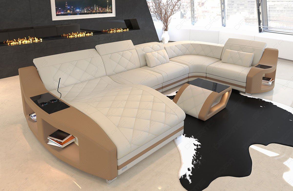 U Form Stoffsofa Swing als Mini Sofa mit LED in elfenbein - Mineva1