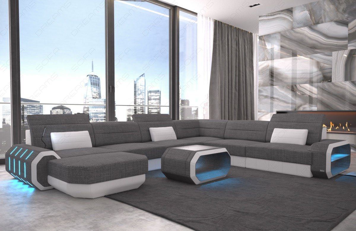 Stoffsofa Roma XXL mit LED-Beleuchtung in grau - Hugo5 Strukturstoff
