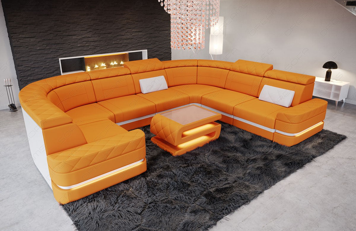 Stoff Wohnlandschaft Positano U Form in apricot - Mineva16 - Nebenfarbe weiß