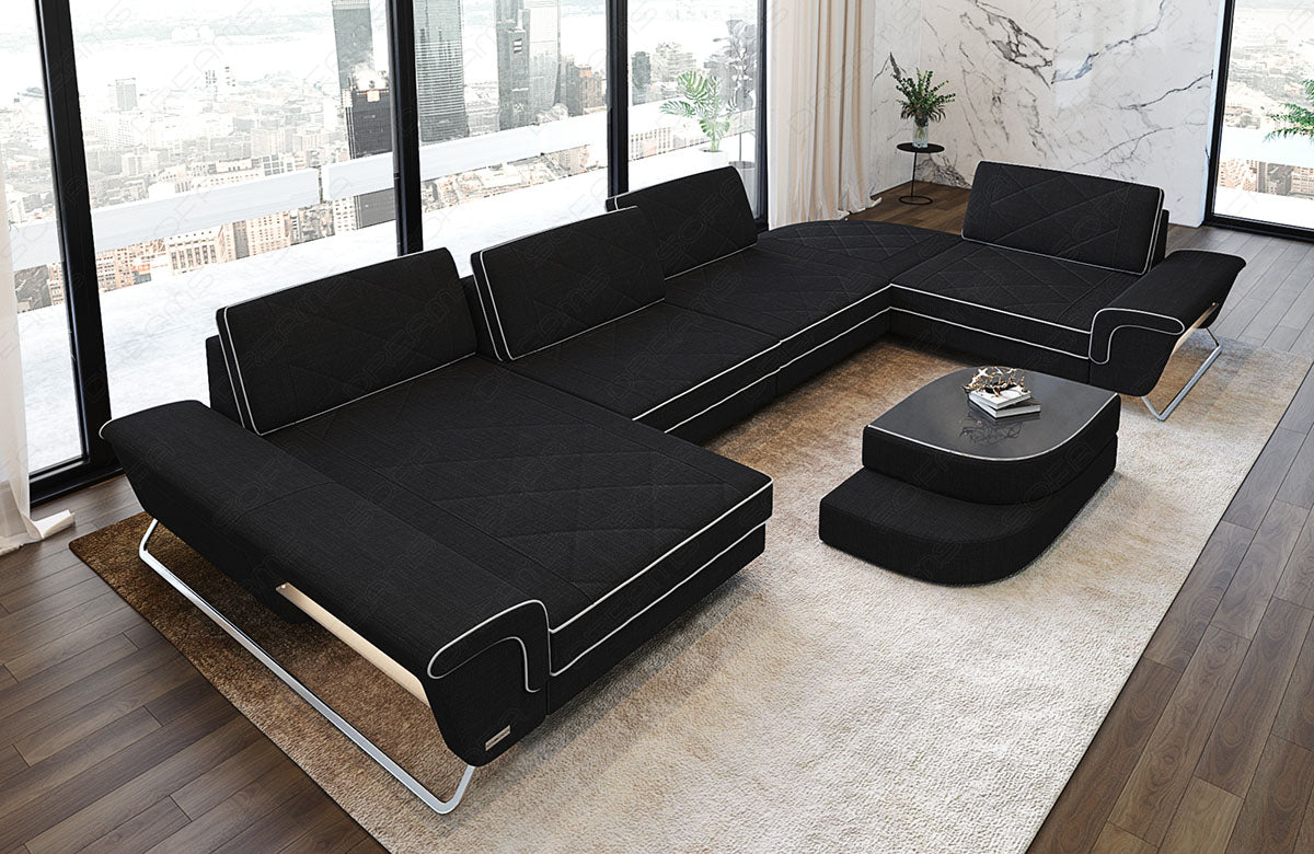 Stoff Wohnlandschaft Bari U Form in schwarz - Hugo14 Strukturstoff