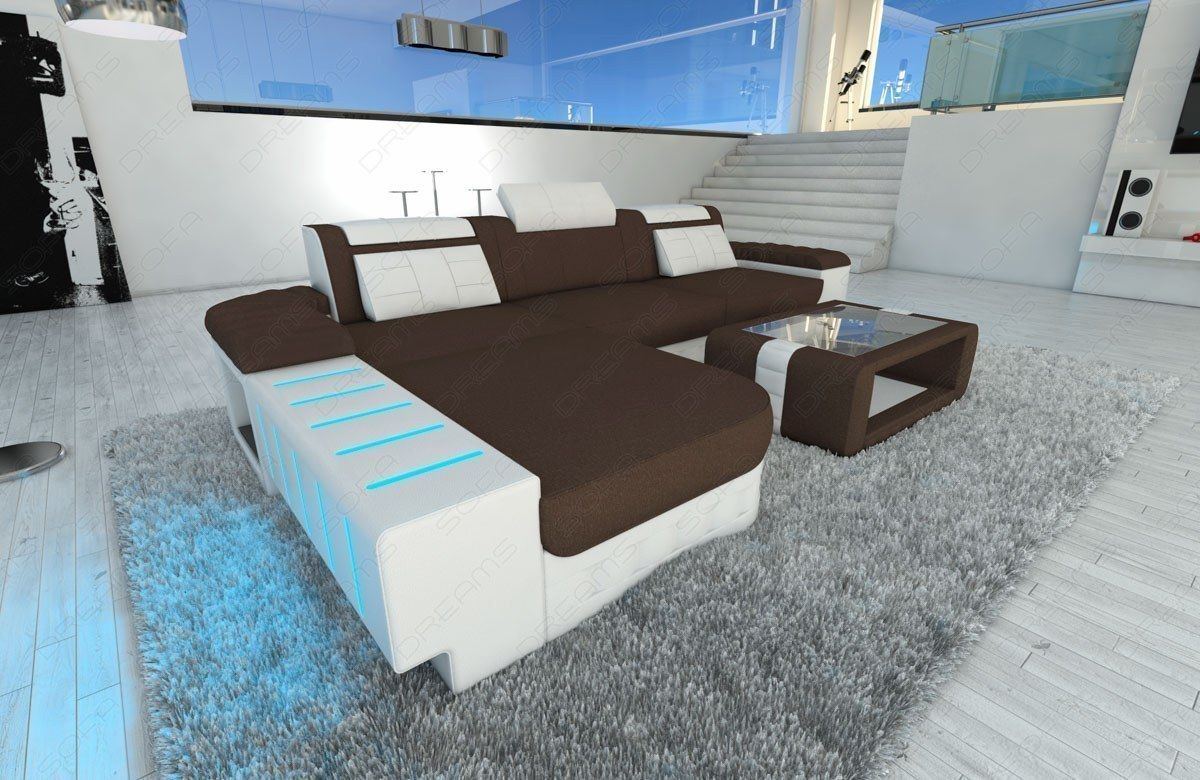 Stoff Couch Bellagio L Form mit LED-Beleuchtung in dunkelbraun - Mineva 7