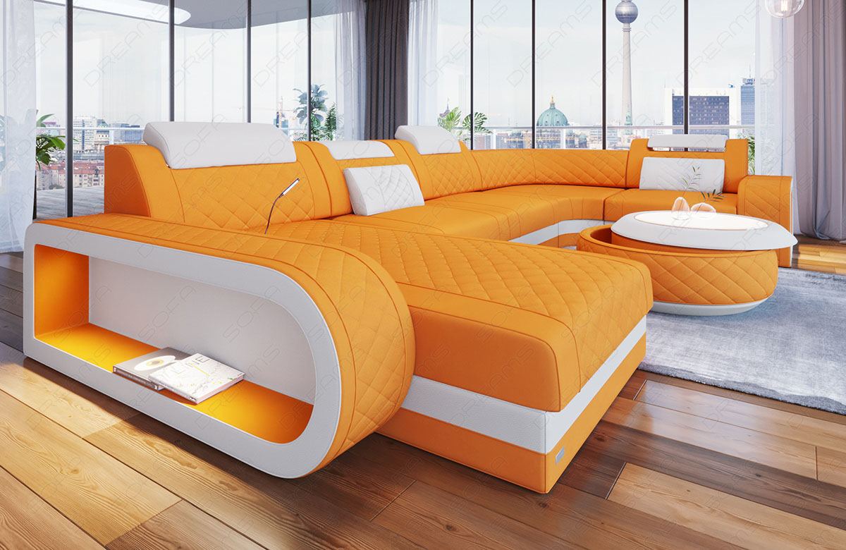 Sofa Berlin U Form in Stoff als Stoffsofa Mini in apricot - Mineva16 Mikrofaser Stoff