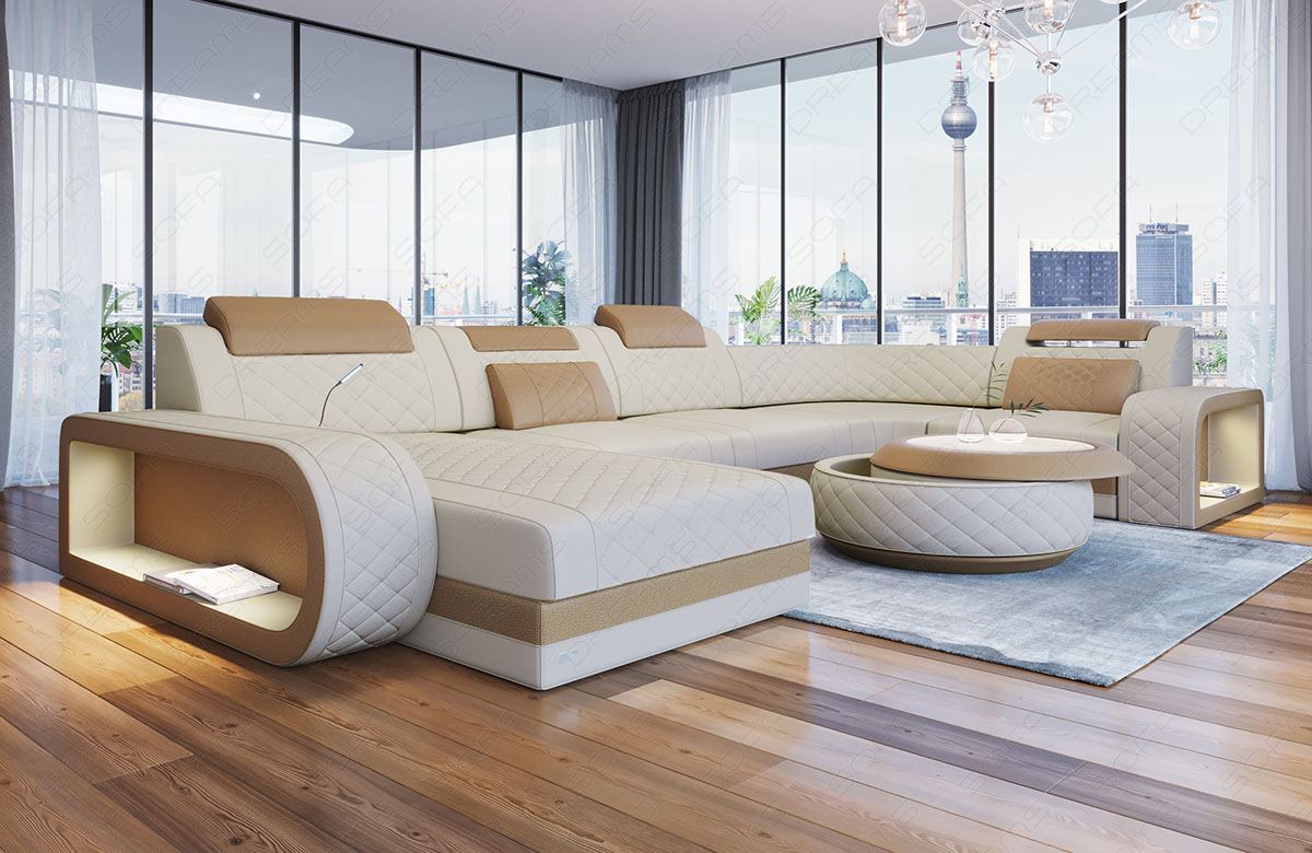 Design Stoff Wohnlandschaft Berlin U Form mit Ottomane in beige - Mineva4
