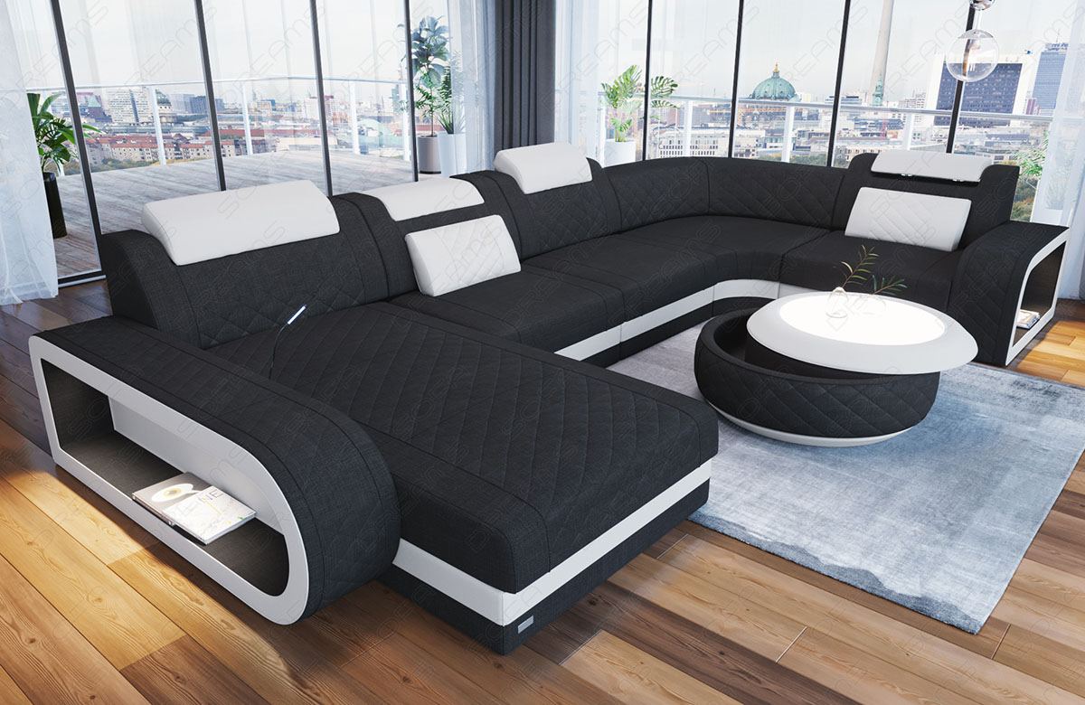 Sofa Berlin U Form in Stoff als Stoffsofa Mini in schwarz - Hugo14 Strukturstoff