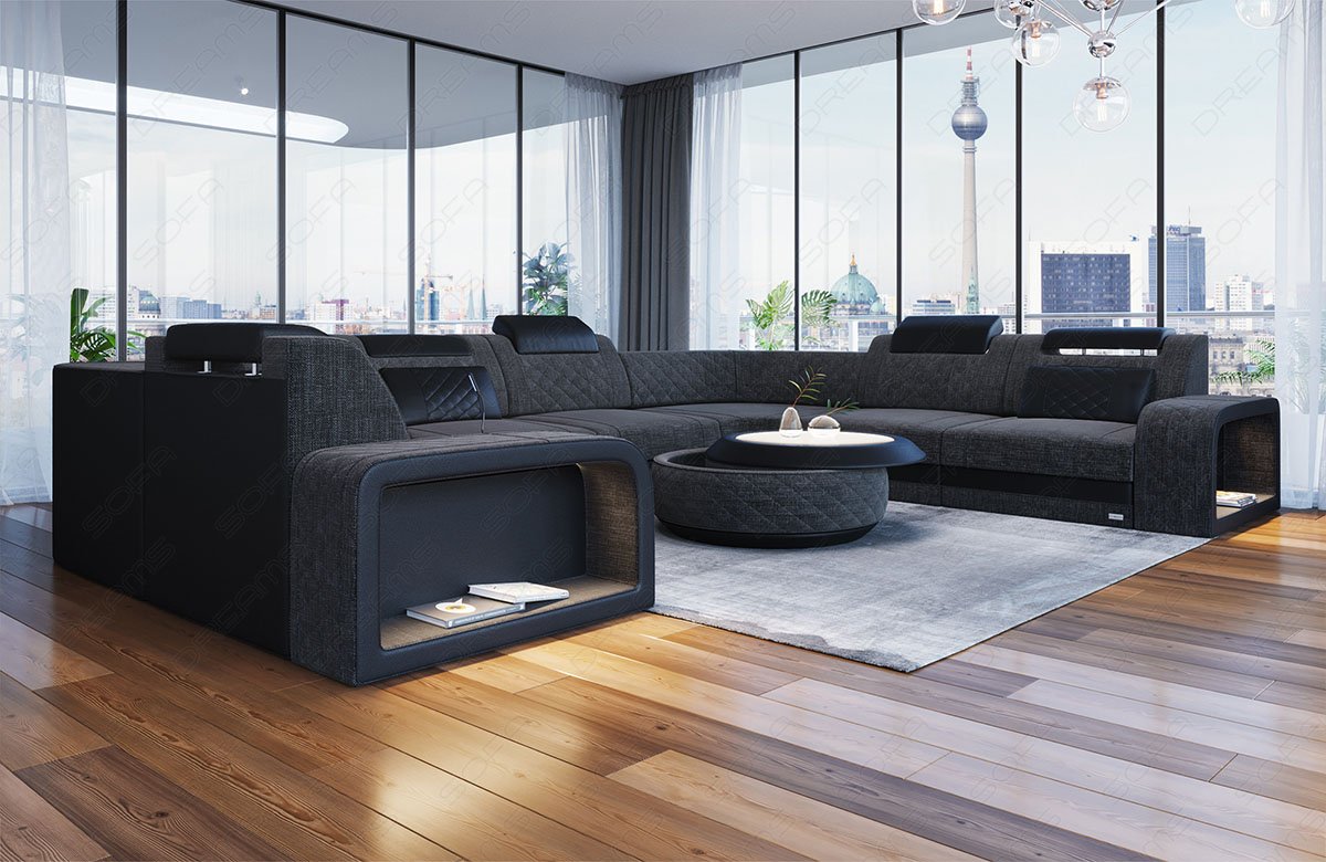 Mini U Form Sofa Foggia als Wohnlandschaft mit Stoffbezug in schwarz-grau - Hugo12 Strukturstoff