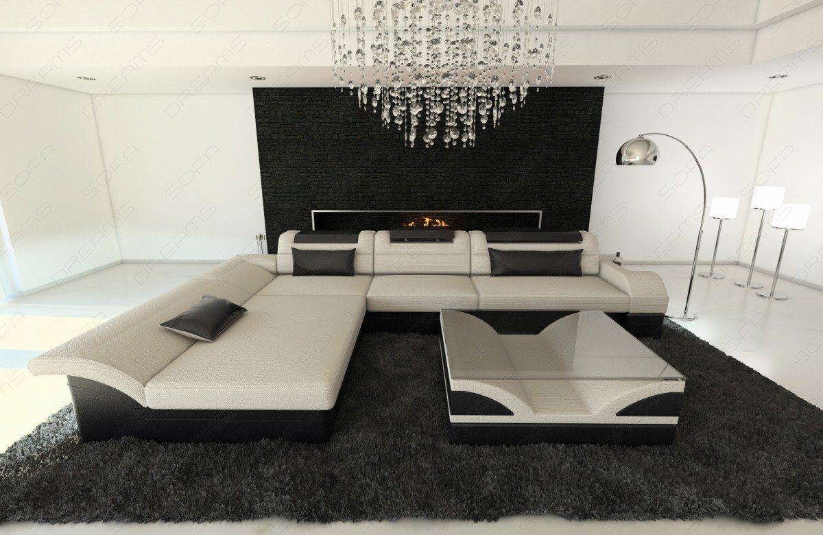Mini L Form Sofa Monza mit LED und Stoffbezug in elfenbein - Hugo1 Strukturstoff