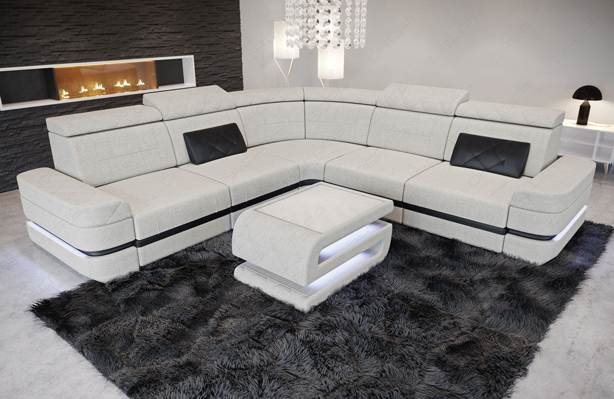 Stoff Ecksofa Positano L Form in elfenbein - Hugo1 - Nebenfarbe schwarz Strukturstoff