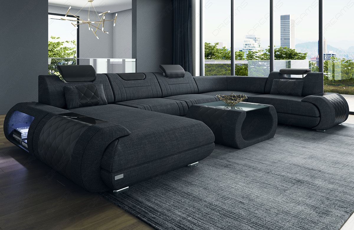 Polster Wohnlandschaft Rimini U Form in schwarz - Hugo14 Strukturstoff