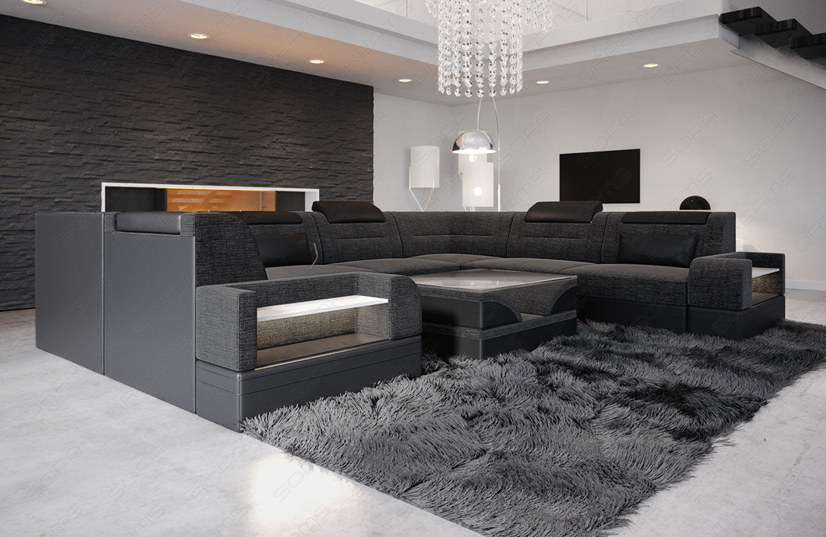 Design Stoff Wohnlandschaft Trivento U Form in schwarzgrau - Hugo12 Strukturstoff
