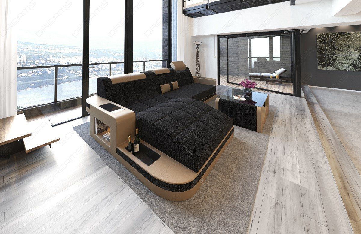Polstersofa Wave L Form mit LED-Beleuchtung in dunkelgrau - Hugo13 Strukturstoff