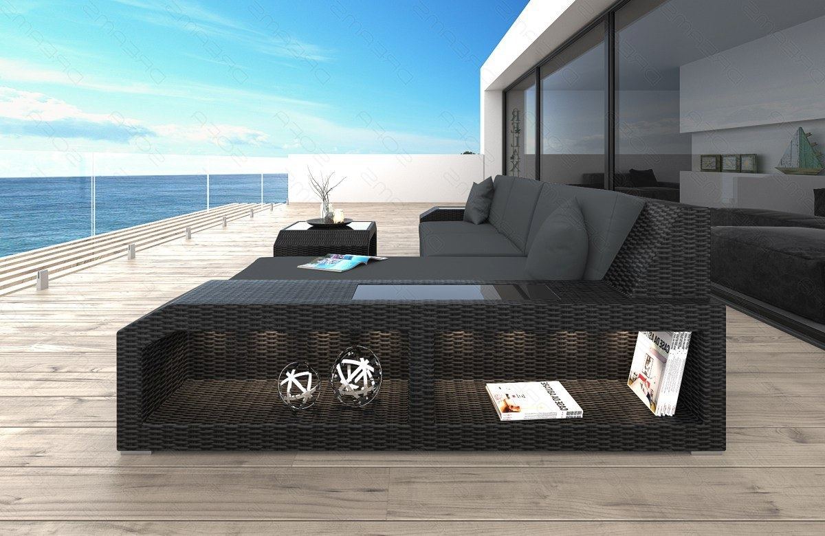 Rattan Ecksofa Matera L Form mit Polsterauflagen in Grau und LED-Beleuchtung - Detailansicht große Armlehne