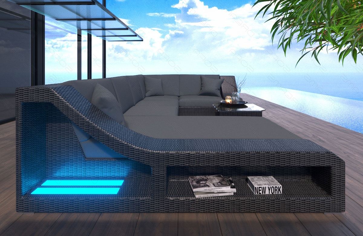 Rattan Sofa Turino U Form mit Polsterauflagen in Grau und LED Beleuchtung - Detailansicht große Armlehne