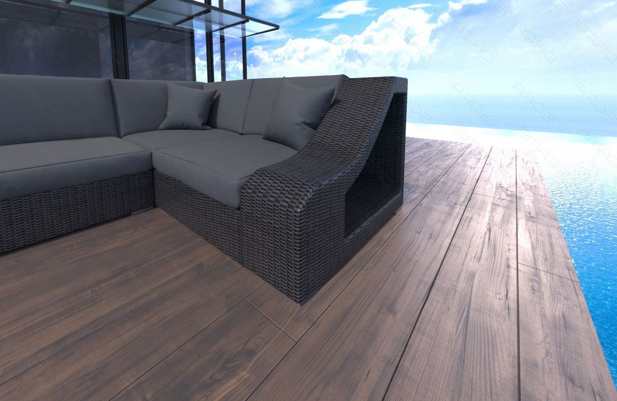 Rattan Sofa Turino U Form mit Polsterauflagen in Grau und LED Beleuchtung - Detailansicht kleine Armlehne