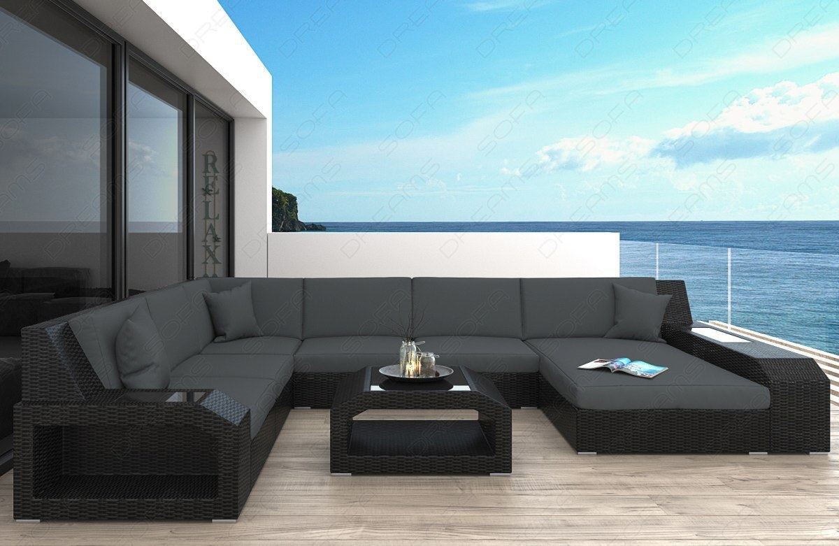 Design Rattansofa Matera XXL mit Polsterauflagen in Grau und LED-Beleuchtung