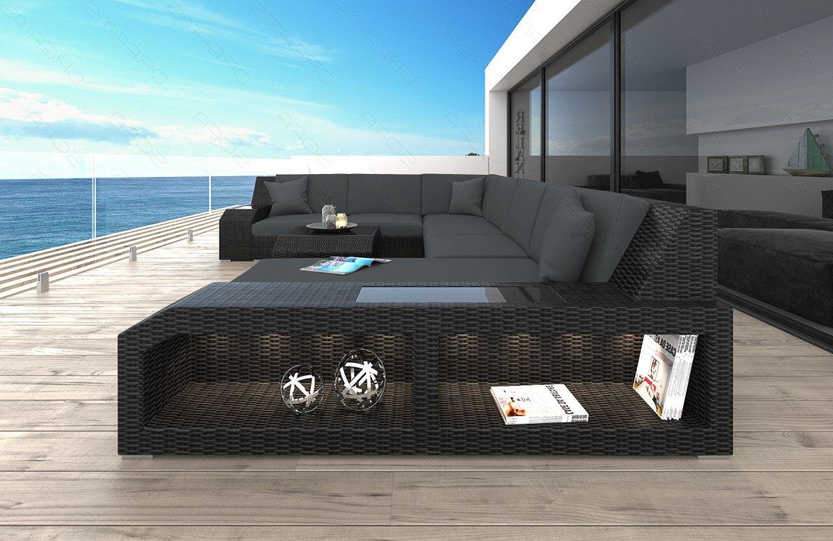 Rattansofa Matera XXL mit Polsterauflagen in Grau und LED-Beleuchtung - Detailansicht große Armlehne