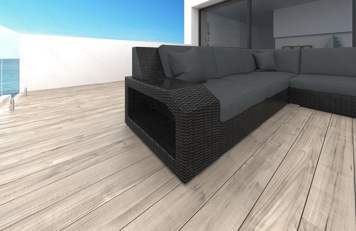 Rattansofa Matera XXL mit Polsterauflagen in Grau und LED-Beleuchtung - Detailansicht kleine Armlehne