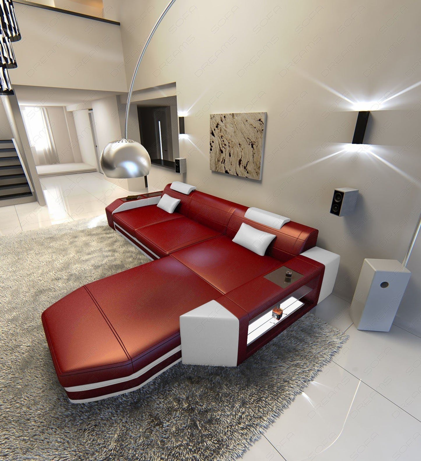 Mini Ledersofa Prato in der L Form in rot-weiss