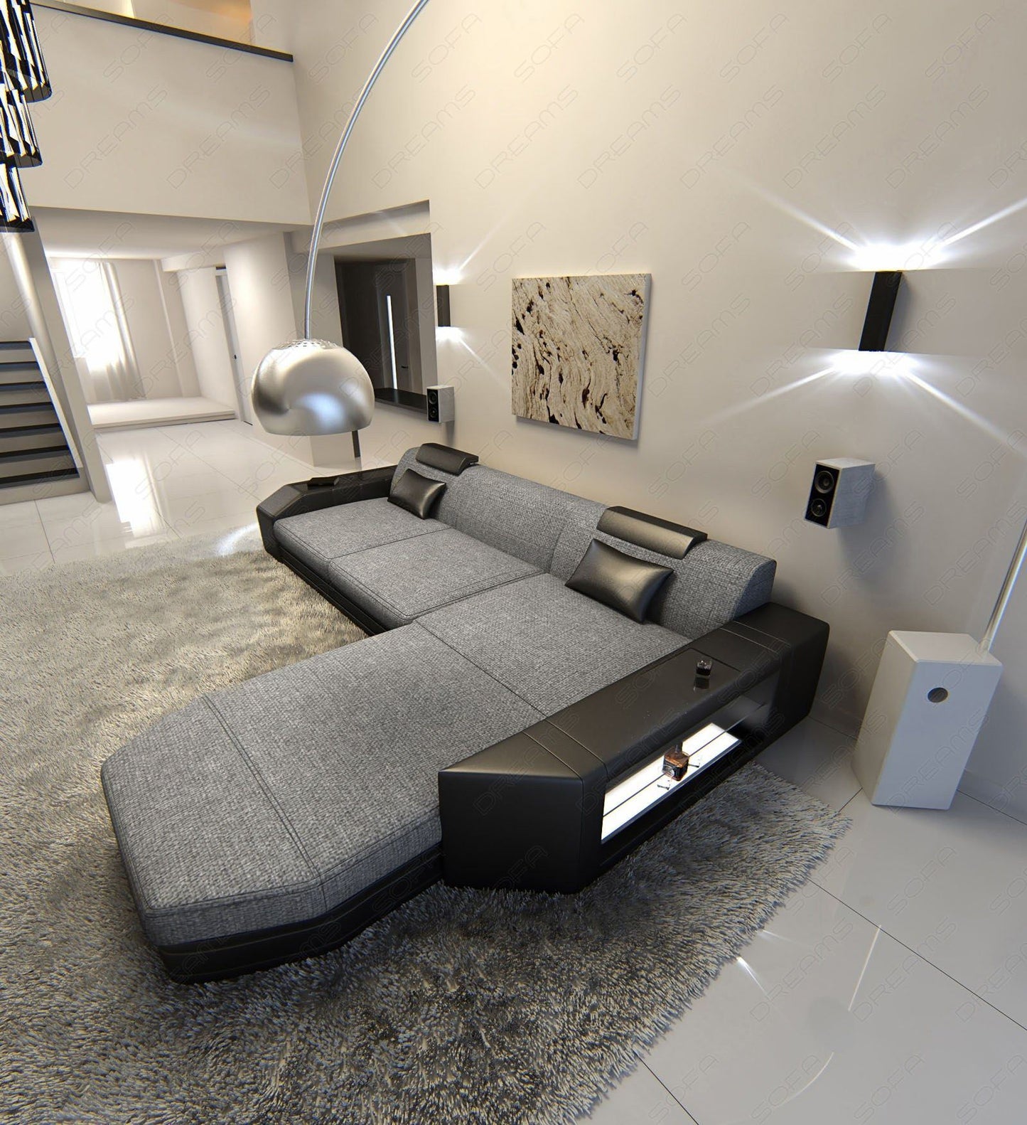 Designer Polstersofa Prato L Form mit LED-Beleuchtung in grau - Hugo5 Strukturstoff