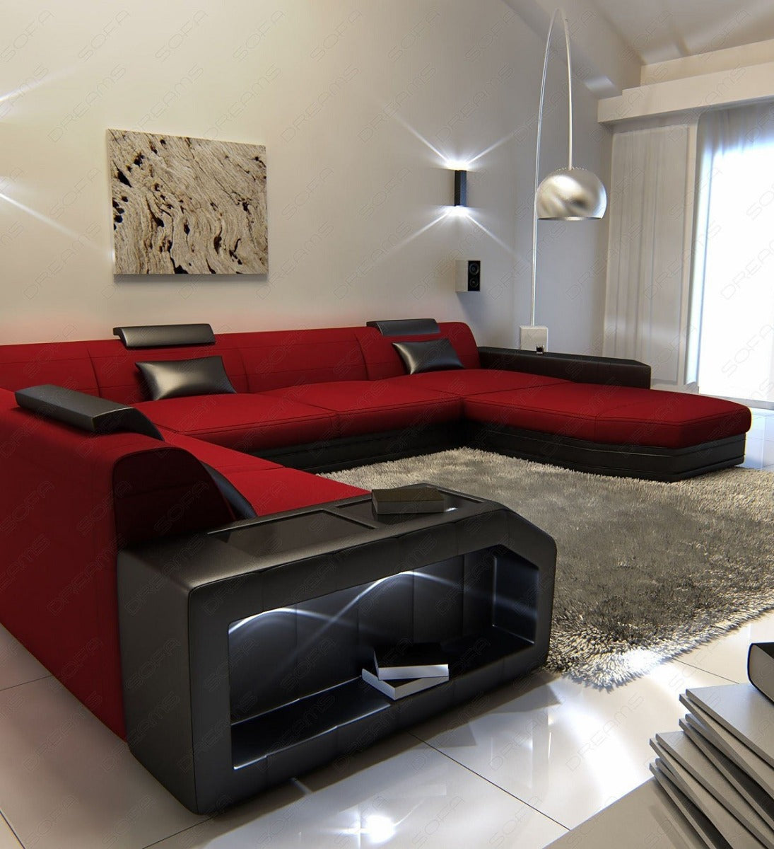 XXL Sofa Prato als Mini U Form Stoffsofa Mikrofaser in rot - Mineva20