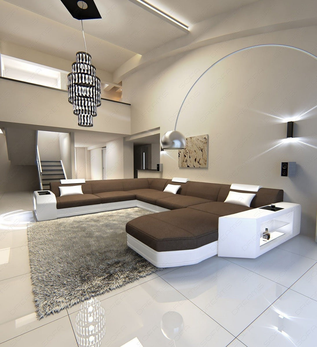 XXL Sofa Prato als Mini U Form Stoffsofa mit LED-Beleuchtung in hellbraun - Mineva5