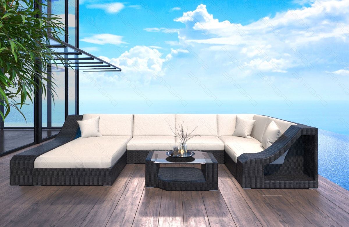 Modernes Rattan Sofa Turino U Form mit Polsterauflagen in creme und LED Beleuchtung