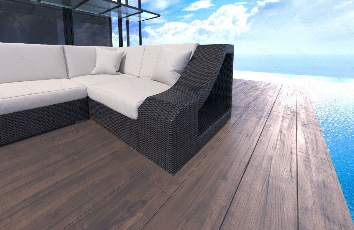 Rattan Sofa Turino U Form mit Polsterauflagen in creme und LED Beleuchtung - Detailansicht kleine Armlehne