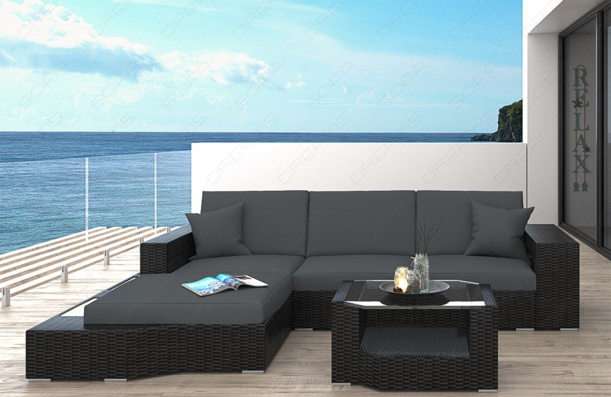 Rattan Sofa Messana L Form mit Polsterauflagen in Grau und LED-Beleuchtung