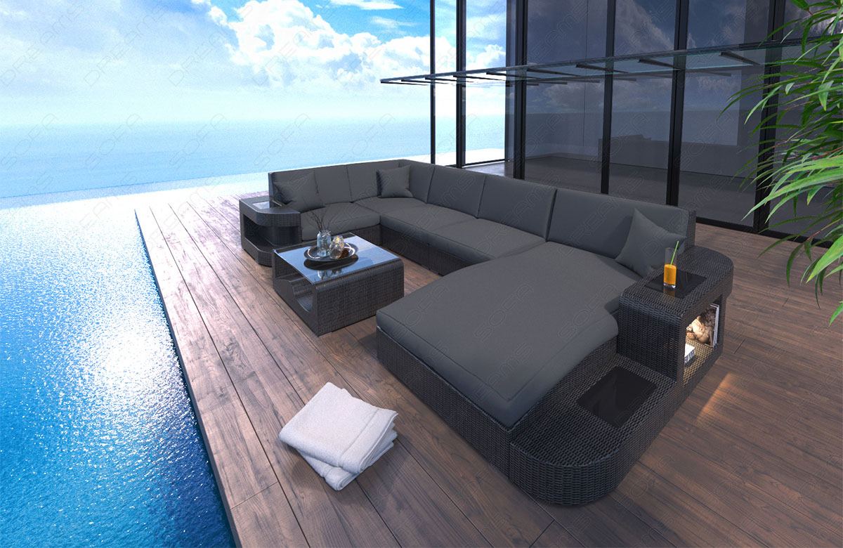 Rattansofa Wave U Form mit Polsterauflagen in Grau und LED-Beleuchtung