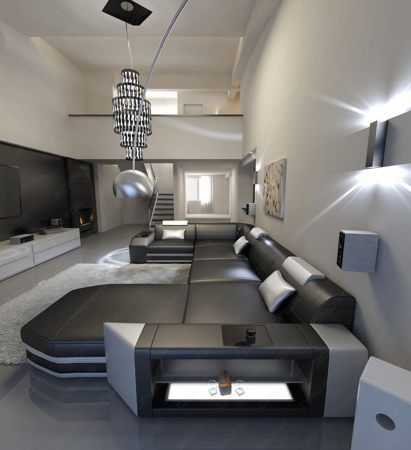 LED Couch Wohnlandschaft Presto in schwarz-weiss