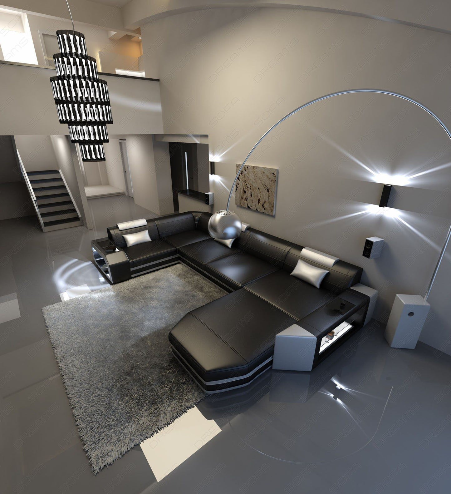 LED Couch Wohnlandschaft Presto in schwarz-weiss