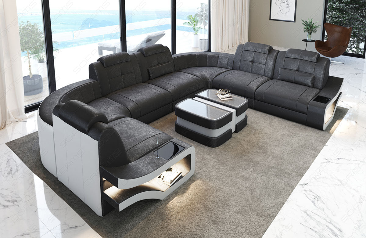 U Form Sofa Elena mit Stoffbezug als Mini Version in silbergrau - SunVelvet1014 - Nebenfarbe weiß - Bitte beachten: Die Rückwand ist in den Farben der Hauptfarbe!