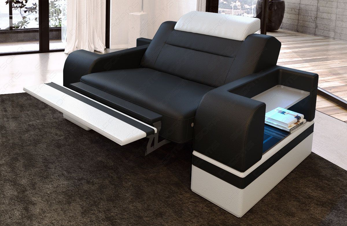 1 Sitzer Sessel Parma in schwarz-weiß - Die LED Beleuchtung, USB Anschluss und Relaxfunktion sind optional erhältlich.