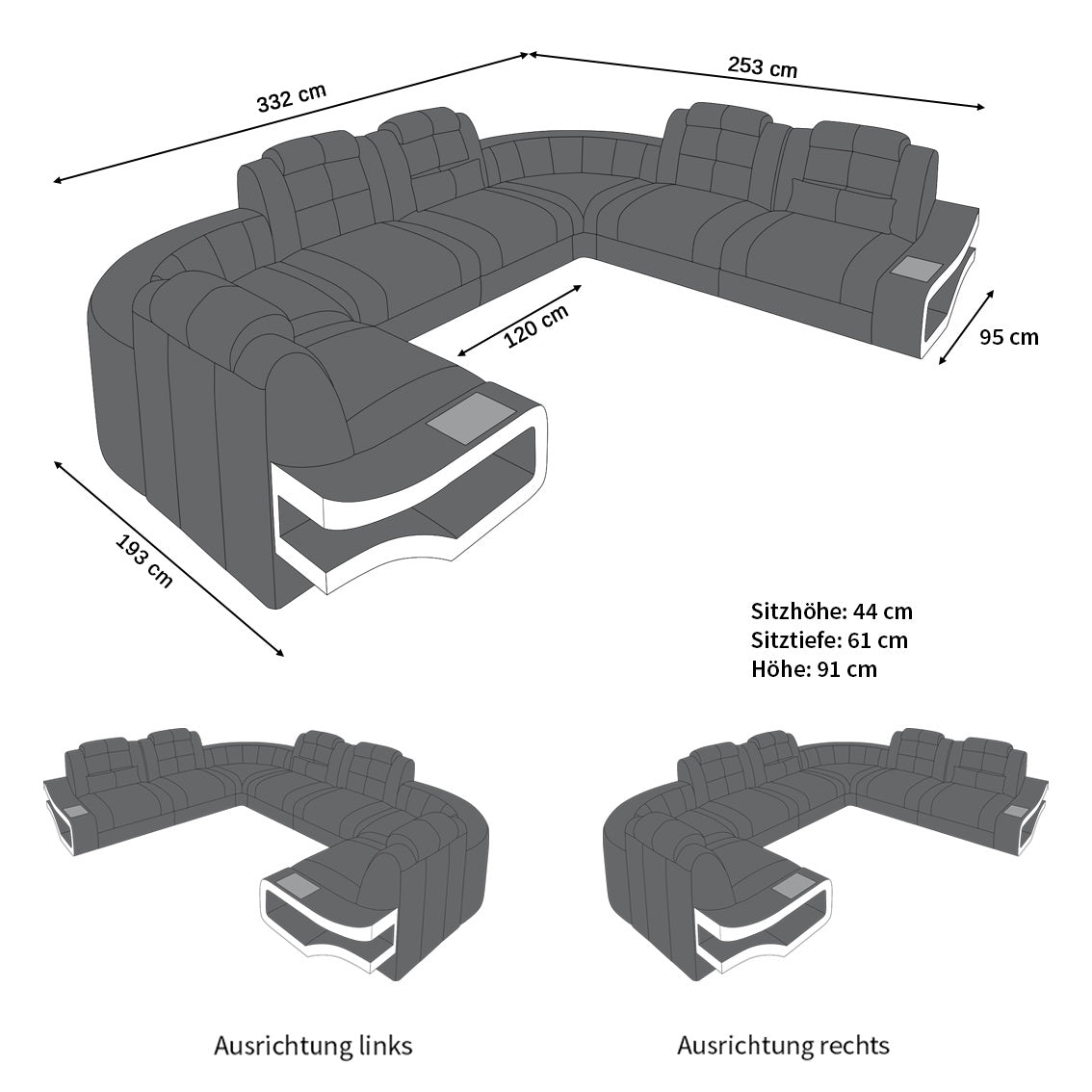Die Maße für das U Form Ledersofa Elena mit LED Beleuchtung
