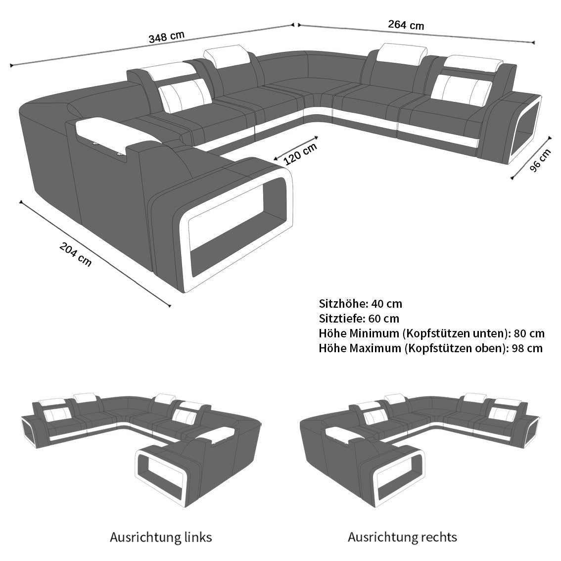 Die Maße vom Mini U Form Sofa Foggia als Wohnlandschaft mit Stoffbezug