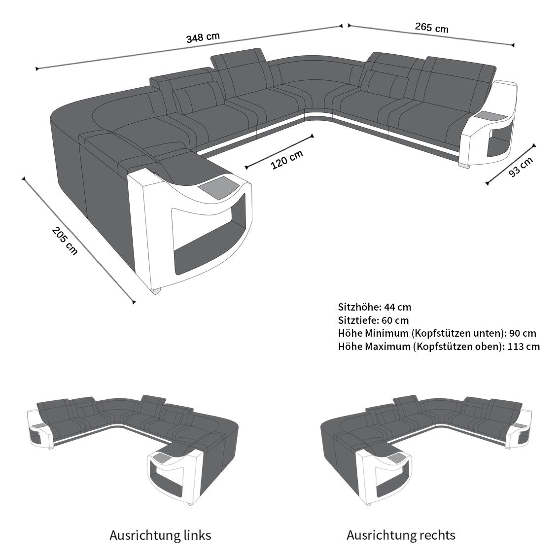 Die Abmessungen bzw. Maße für das U Form Mini Ledersofa Genua mit USB und auch LED