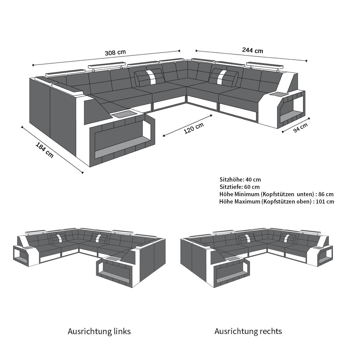 Die Abmessungen bzw. Maße zum U Form Sofa Pesaro Mini mit LED, USB und Stoffbezug