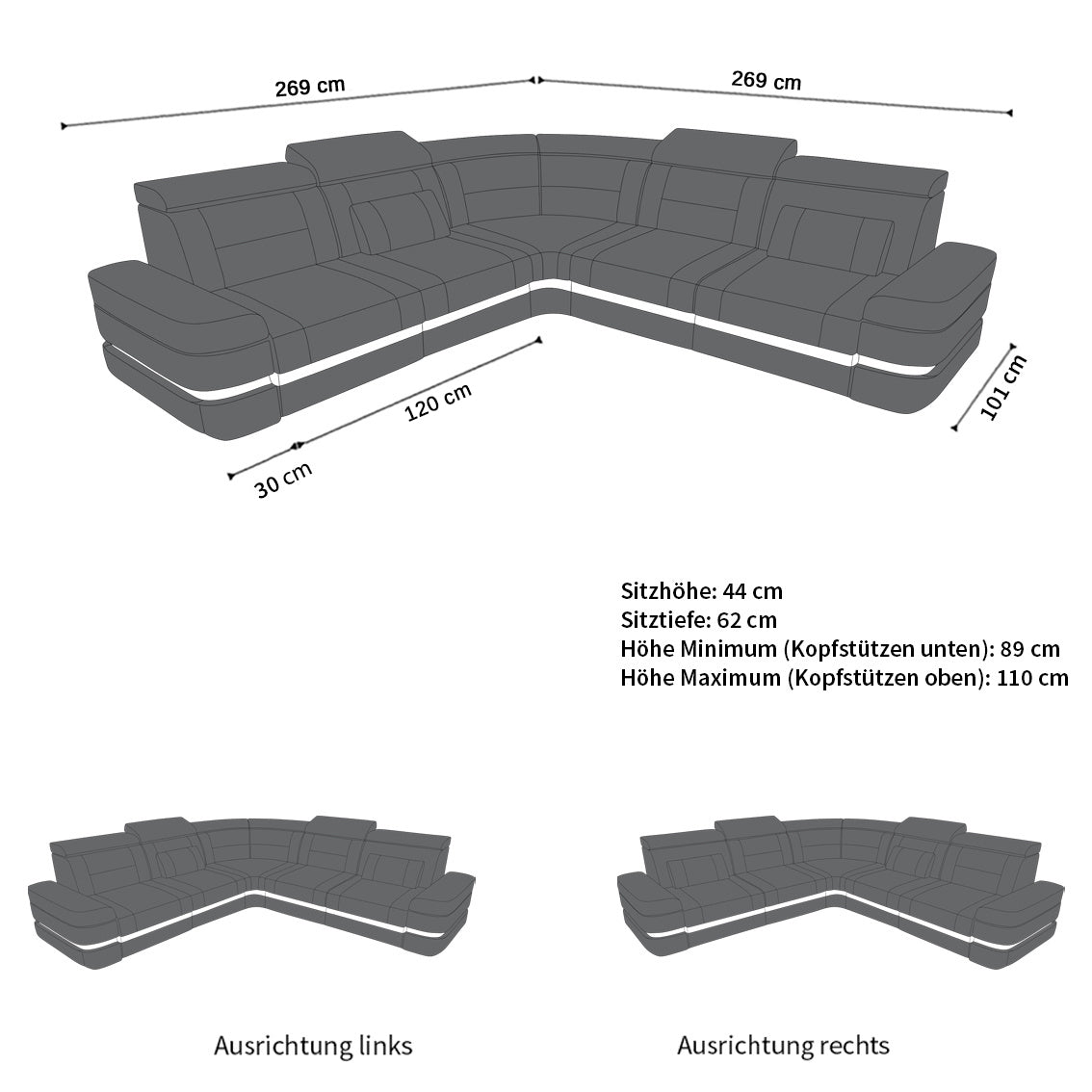 Das Mini Ledersofa Positano in der L Form - Die Maße
