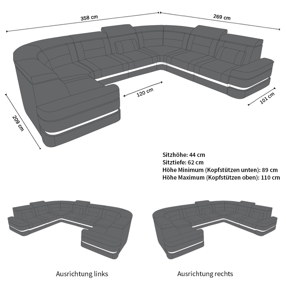 Maße für das U Form Mini Ledersofa Positano