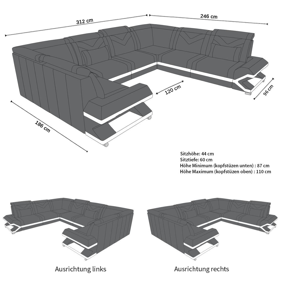 Die Abmessungen bzw. Maße für das Mini Ledersofa Sorrento U Form mit LED und USB