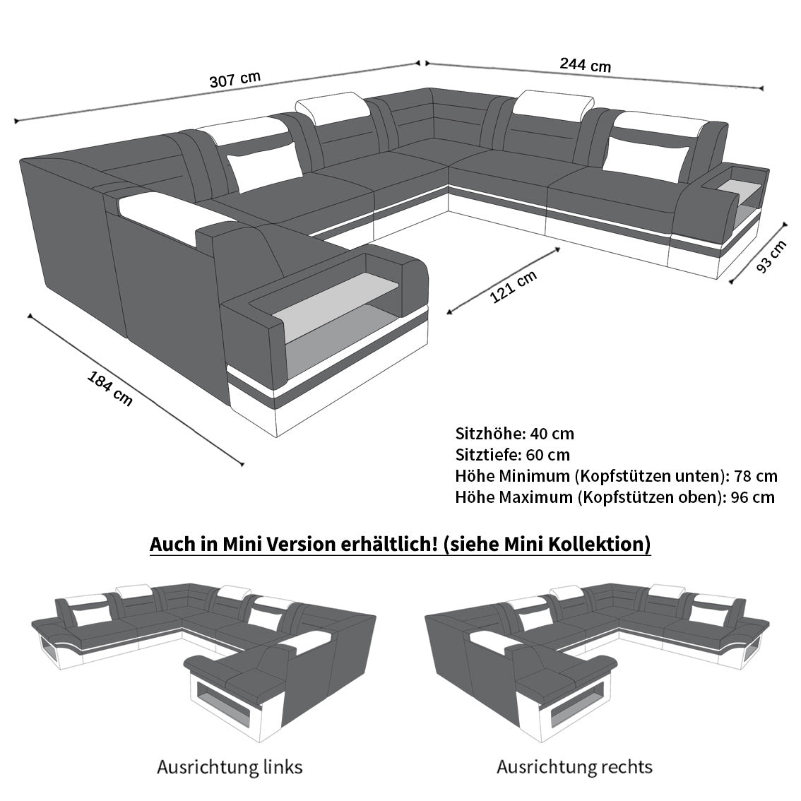 Maße beim U Form Ledersofa Trivento Mini mit Beleuchtung