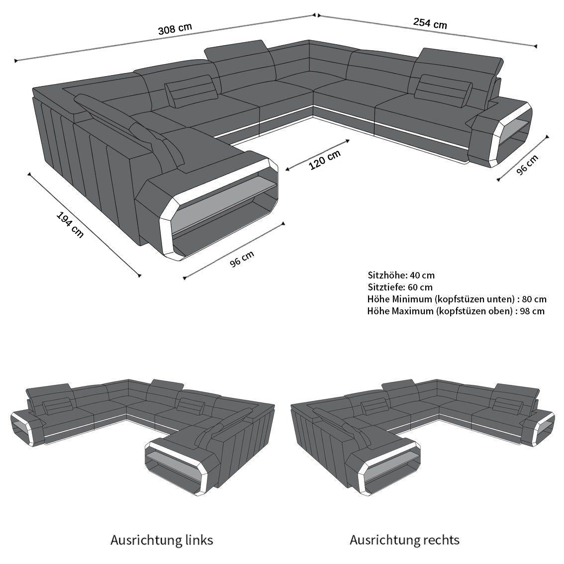 Die Maße von unserem Ledersofa Verona in der Mini U Form mit LED