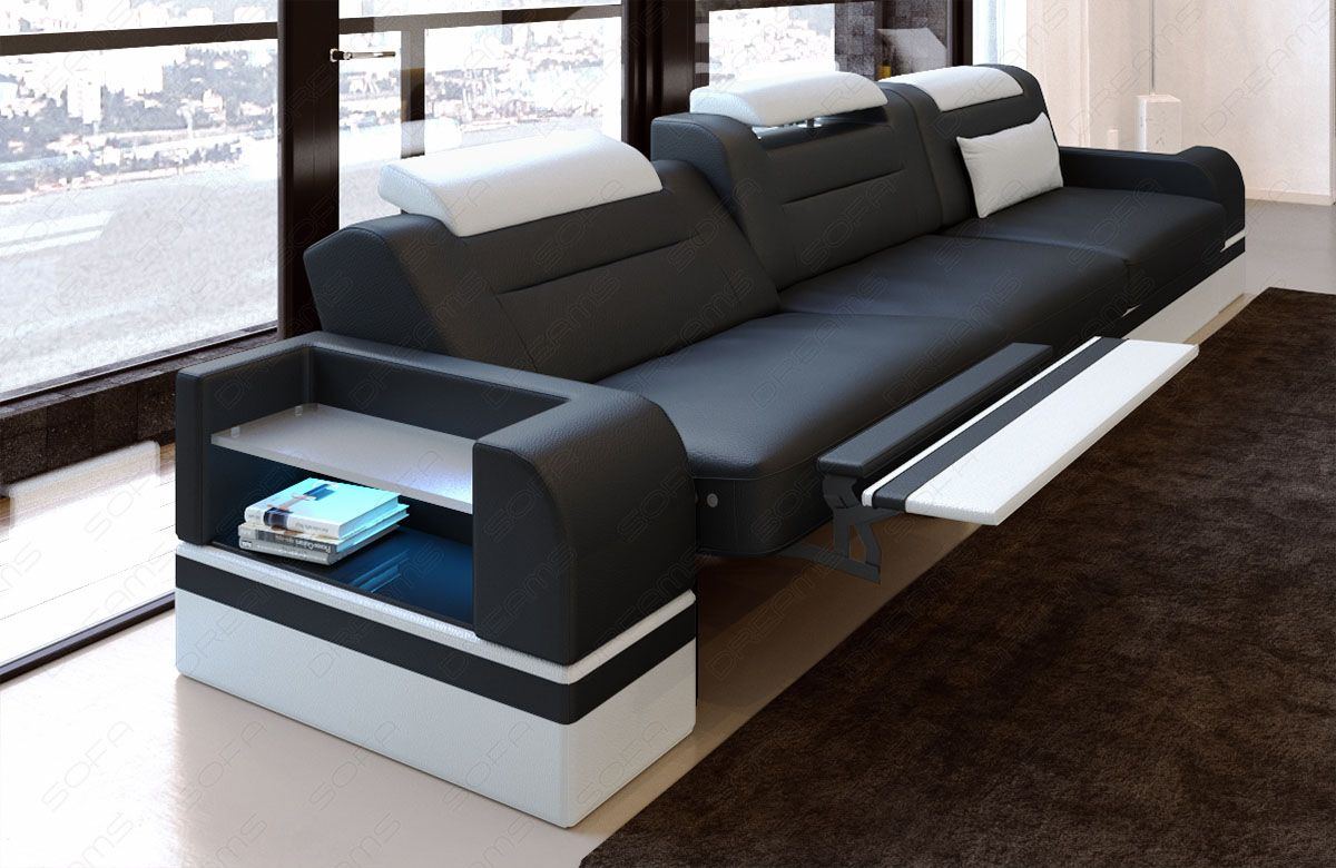 3 Sitzer Sofa modern Parma in schwarz-weiß - Die LED Beleuchtung, USB Anschluss und Relaxfunktion sind optional erhältlich.